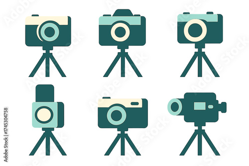 Six different retro style photo and video recording devices on tripods