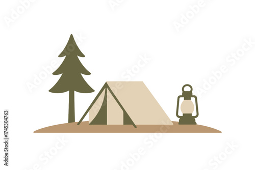 Minimalist outdoor camping scene with a tent, pine tree, and vintage lantern