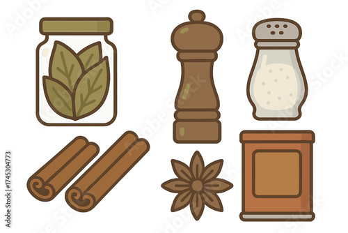 Collection of essential cooking spices and seasoning containers isolated on white background