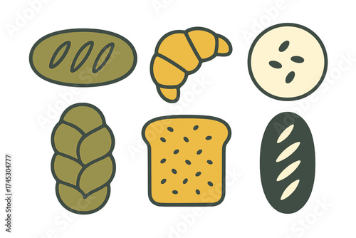 Set of fresh baked goods icons including croissant, baguette, braided loaf, and toast slice