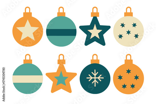 Colorful Christmas tree decorations set with stars stripes and snowflake patterns