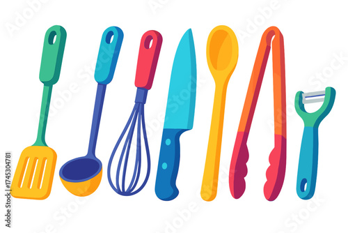Vibrant collection of essential cooking utensils and kitchen tools arranged in a row