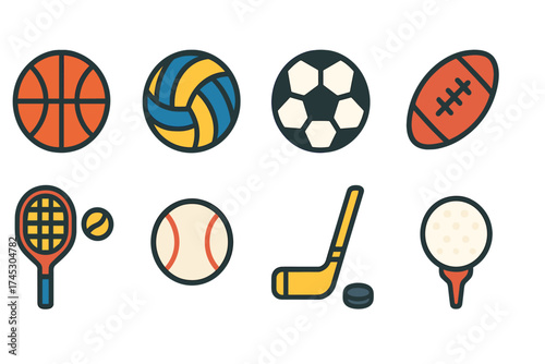 Colorful collection of outlined symbols for popular athletic equipment and game balls