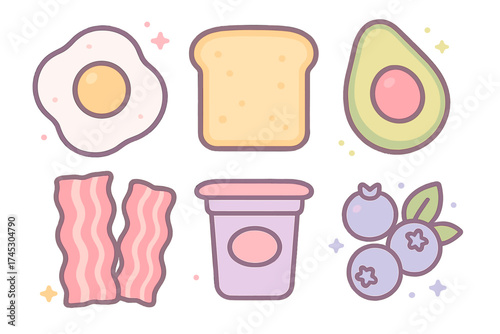 Cute pastel breakfast food items including egg, toast, bacon, avocado, yogurt, and blueberries