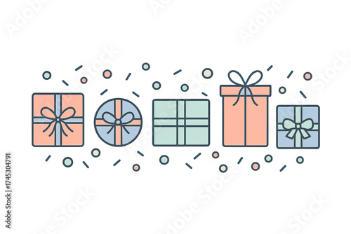 Minimalist horizontal arrangement of wrapped gift boxes tied with bows and scattered confetti elements
