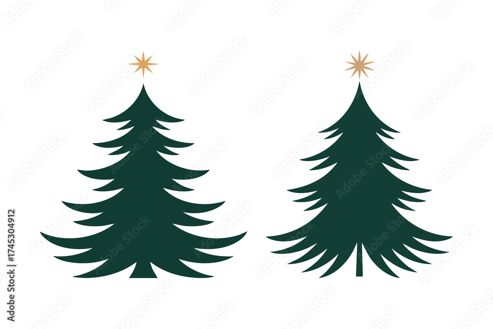 Obraz premium Set of Two Minimalist Dark Green Christmas Trees with Golden Stars