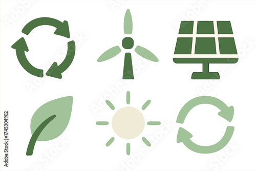Sustainable energy and ecology symbols featuring solar panels, wind power, and recycling