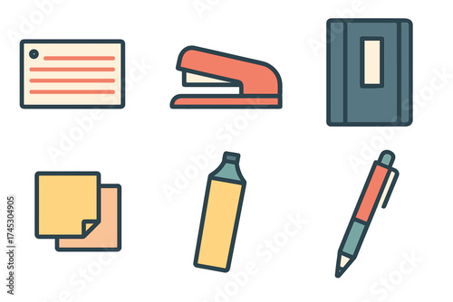 Essential office supplies and stationery items collection including stapler, pen, and notebook icons