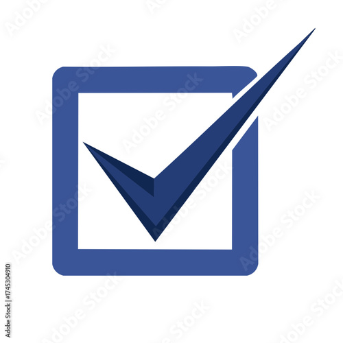 Blue check mark inside a blue square frame - abstract symbol on white