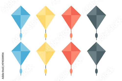 Eight colorful geometric diamond shapes arranged in a grid pattern on a white background