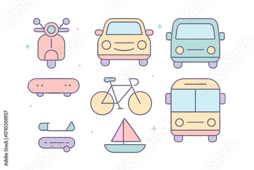 Colorful flat design symbols representing various modes of transport and travel