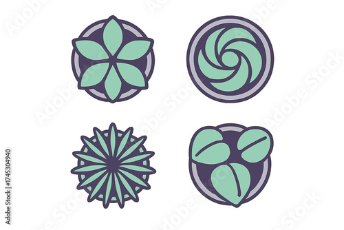 Abstract floral and organic plant icons set in circular frames for nature and wellness branding