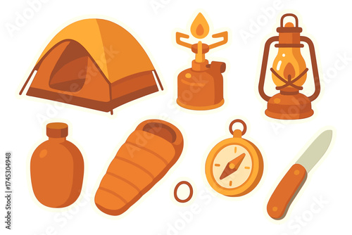 Essential outdoor camping equipment collection featuring tent sleeping bag and survival tools