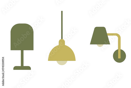 Minimalist home interior lighting fixtures set featuring table, ceiling, and wall lamps in muted colors