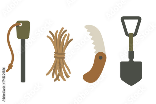 Essential camping and survival gear set: fire starter, tinder, folding saw, and shovel