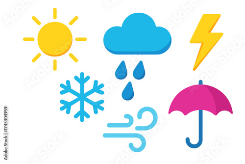 Colorful weather forecast icons collection featuring sun, rain, snow, lightning, wind, and umbrella symbols