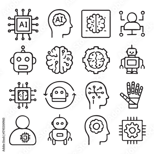 Artificial Intelligence web icons in line style. Innovation technology, machine, robot, bot, brain vector