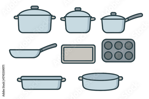 Various kitchen cookware items set including pots, pans, baking tray, and casserole dishes
