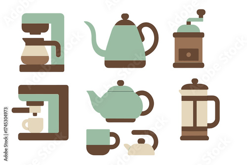 Modern flat icons of coffee and tea brewing equipment and kitchen utensils set