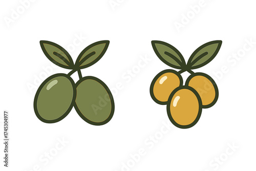 Two bunches of olives featuring green and golden ripe fruit with small leaves