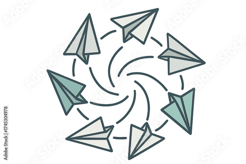 Paper planes continuously rotating in a circular path symbolizing global communication network