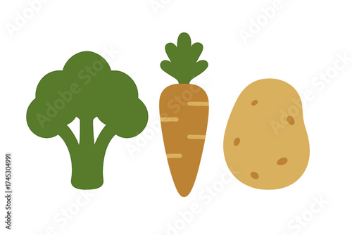 Trio of healthy vegetables: green broccoli, orange carrot, and yellow potato