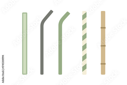 Set of five different reusable drinking straws including metal, silicone, paper, and bamboo materials
