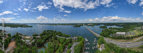 Bird's eye panoramic view of interstate route 77 crossing Lake Norman near Davidson, North Carolina