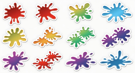 Collection of colorful paint splatters with white borders on a white background surface view
