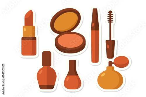 Collection of essential beauty and cosmetic products like lipstick, mascara, powder, and perfume