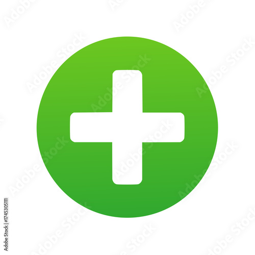 Green circular icon with a white plus sign symbolizing addition growth or medical care application button