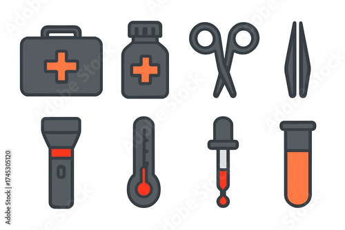 Collection of essential first aid and medical equipment including thermometer, scissors, and test tube