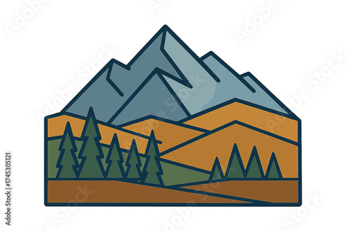 Geometric mountain landscape featuring stylized pine trees and rolling hills under a blue sky