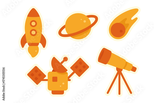 Orange and yellow space exploration objects including rocket, planet, and telescope