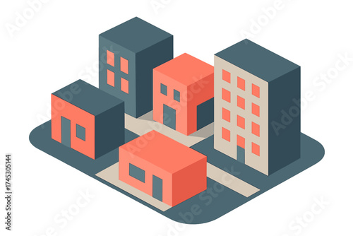Modern abstract isometric city block featuring geometric downtown architecture
