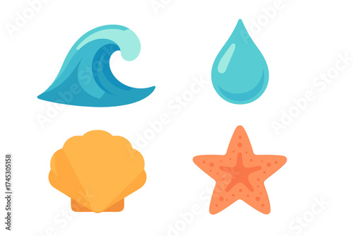 Marine and water elements collection featuring wave, drop, seashell, and starfish icons