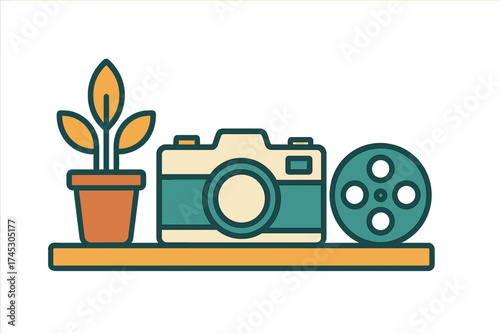 Retro style camera, film reel, and potted houseplant arranged neatly on a display shelf