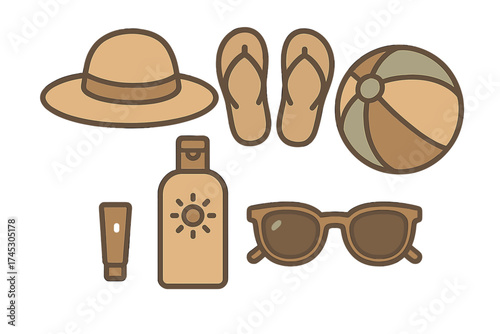 Essential summer beach accessories including hat, flip-flops, sunglasses, sunblock, and beach ball