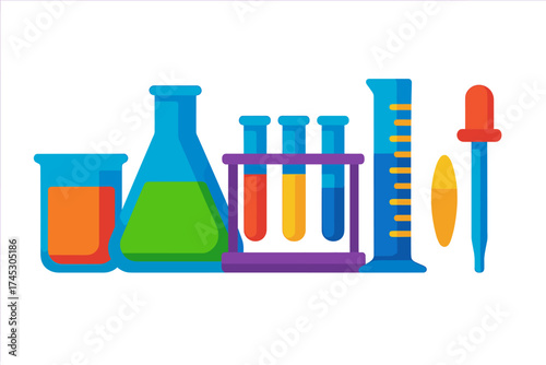 Colorful chemistry laboratory equipment assortment including flasks, test tubes, and measuring tools