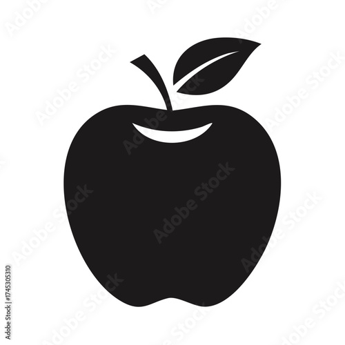 Black apple silhouette with leaf and stem isolated on white background.