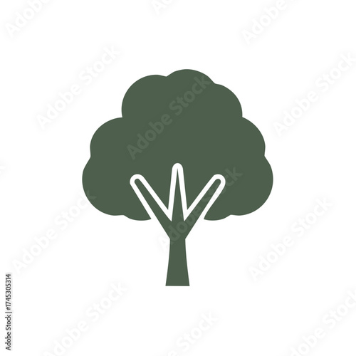 Stylized Dark Green Tree Icon with Open Branch Design, Minimalist Forest Symbol Isolated on White