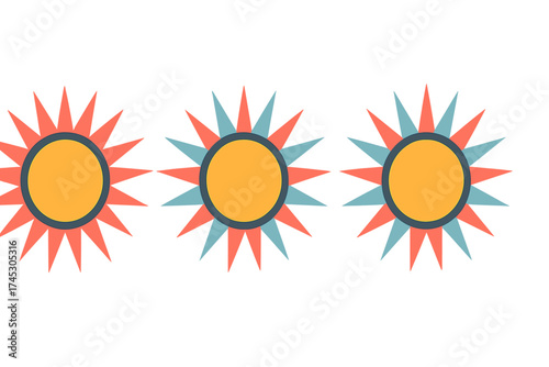 Three stylized sun symbols arranged horizontally in a row using mid-century modern colors