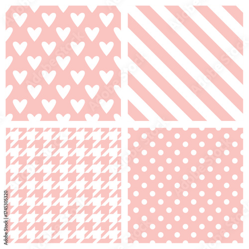 Tile vector pattern set with pink and white polka dots, hounds tooth, hearts and stripes background