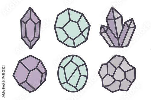 Collection of six stylized geometric crystal and mineral icons in pastel colors