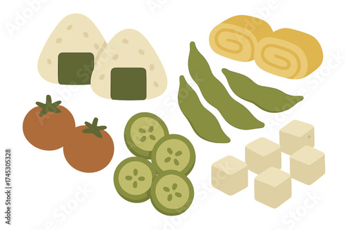 Assortment of Japanese food items including onigiri, tamagoyaki, edamame, and fresh vegetables