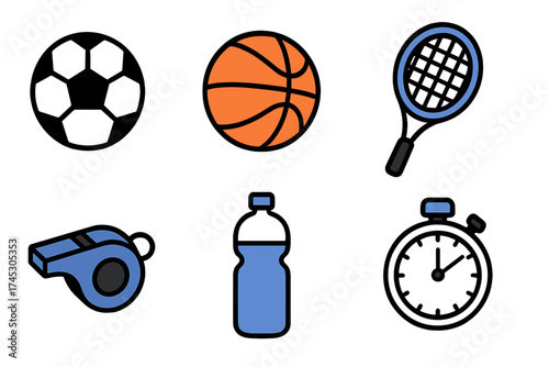 Essential sports accessories and equipment including balls, tennis racket, whistle, water bottle, and stopwatch