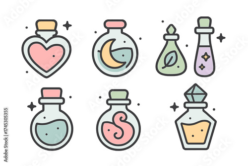 Mystical potion bottles collection featuring magical symbols like heart, moon, and snake