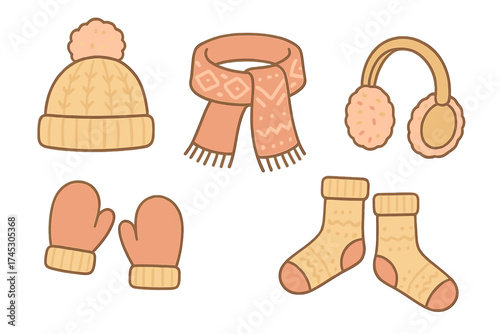 Cozy collection of knitted winter accessories: hat, scarf, mittens, socks, and earmuffs