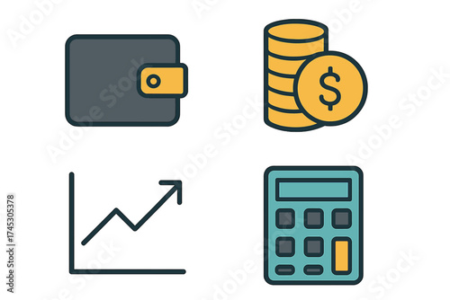 Essential financial icons set featuring wallet, stacked coins, rising chart, and calculator