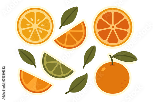 Vibrant sticker set of citrus fruits including whole oranges, slices, and leaves